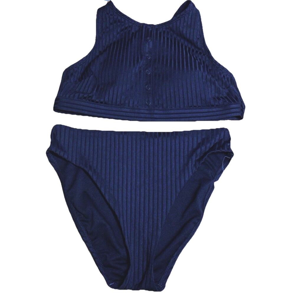 Womens Ribbed Swimsuit Bikini Set M Black Stretch High Waisted Summer Beach